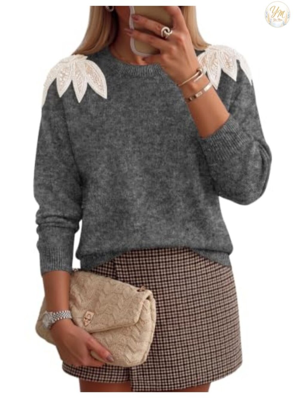 ZESICA Women's Fall Sweater Pearl Trim Lace Pullover Long Sleeve Knit